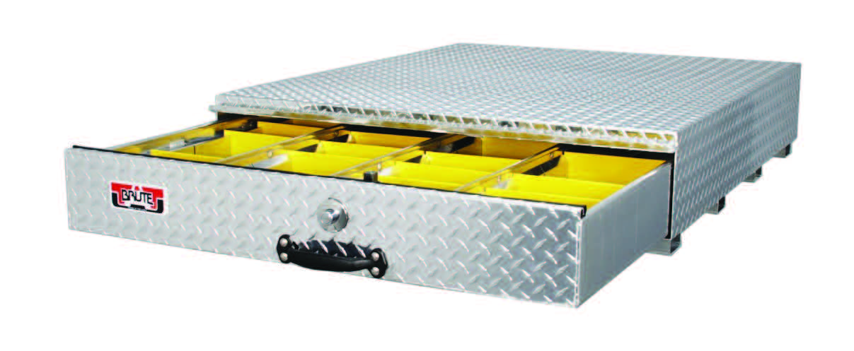 Metal toolbox with yellow interior compartments on a white background