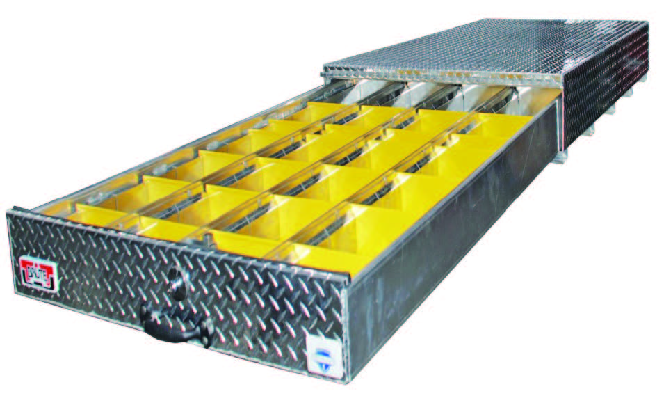 large aluminum tool box with pull out drawer for truck bed with yellow dividers