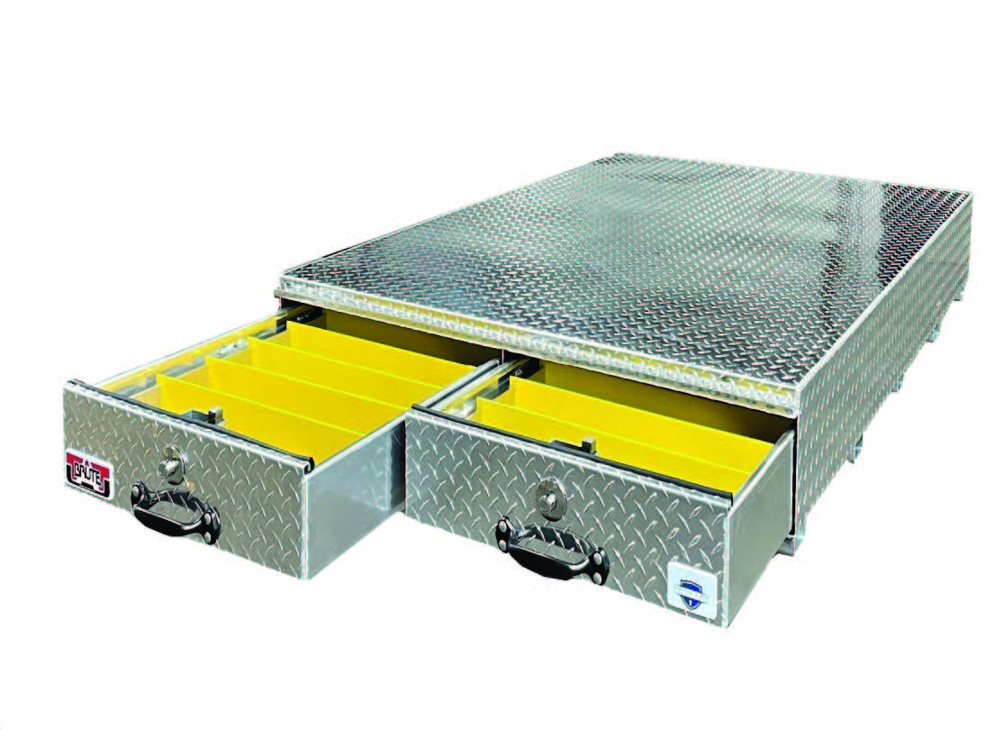 Undercarriage storage box with diamond plate top and yellow drawers on a white background