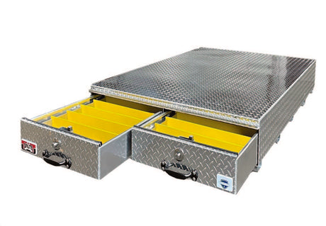 two drawer diamond plated tool box with pull out drawers for truck beds