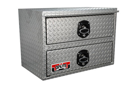 Metal toolbox with two drawers and a visible brand logo on a white background
