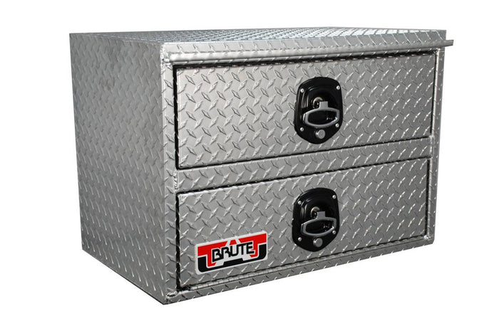 Metal toolbox with two drawers and a visible brand logo on a white background
