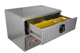 Diamond plate tool box with open drawer on a white background