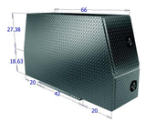 Dimensions of a diamond plate toolbox with measurements labeled