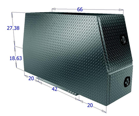 Dimensions of a diamond plate toolbox with measurements labeled