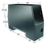 Diamond plate tool box with dimensions labeled on a white background