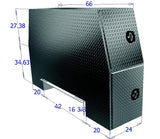 Diamond plate toolbox with dimensions labeled on a white background
