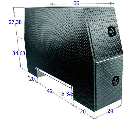 Diamond plate toolbox with dimensions labeled on a white background