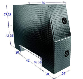 Metal toolbox with dimensions labeled on a white background