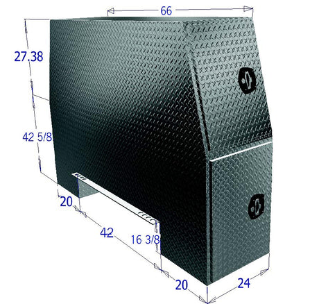 Metal toolbox with dimensions labeled on a white background