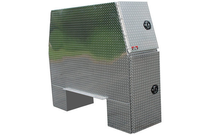 Diamond plate tool box with brand logo on a white background