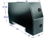 Diamond plate toolbox with dimensions labeled on a white background