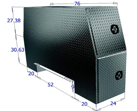 Diamond plate toolbox with dimensions labeled on a white background