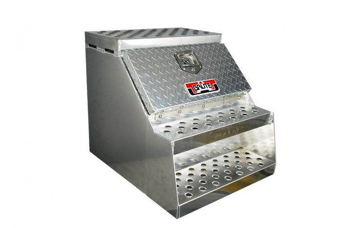Metal step stool with a brand logo on a white background