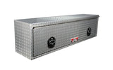 A metal truck bed storage box with a diamond plate pattern and a locking mechanism.
