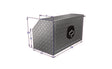 Metal toolbox with dimensions indicated on a white background