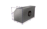 Metal toolbox with dimensions indicated on a white background