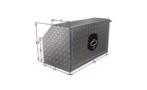 Metal toolbox with dimensions indicated on a white background