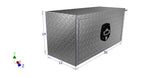 Metal toolbox with dimensions labeled on a white background