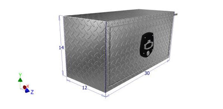Metal toolbox with dimensions labeled on a white background