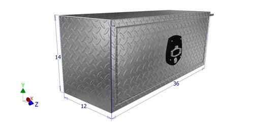 Metal toolbox with dimensions on a white background