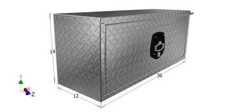 Metal toolbox with dimensions on a white background