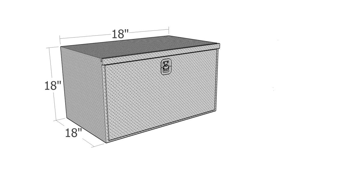 Diamond plate toolbox HUB1818-BT with dimensions on a white background
