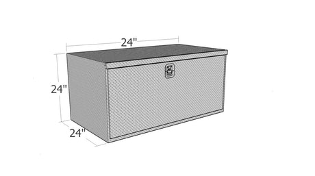 Metal storage toolbox with dimensions on a white background