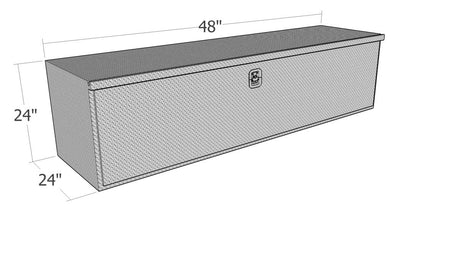 Dimensions of a rectangular metal toolbox on a white background
