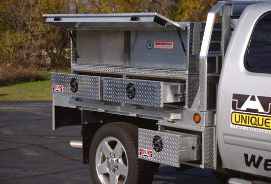 truck with 2 drawers on a flat bed with a topsider on top