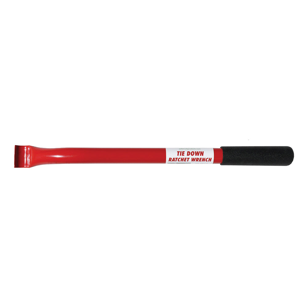 Heavy-duty Tie Down Ratchet Wrench with solid steel construction and rubber handle, compact and durable for easy use.