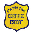 Embroidered New York State Escort Patch in blue on yellow, 4"x4", perfect for iron-on backing.
