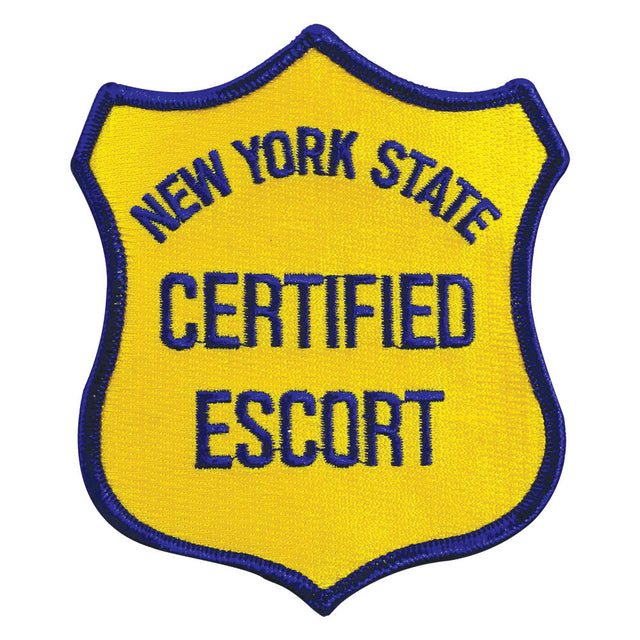 Embroidered New York State Escort Patch in blue on yellow, 4"x4", perfect for iron-on backing.