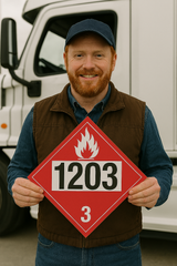 Man holding a hazardous materials sign in front of a truck