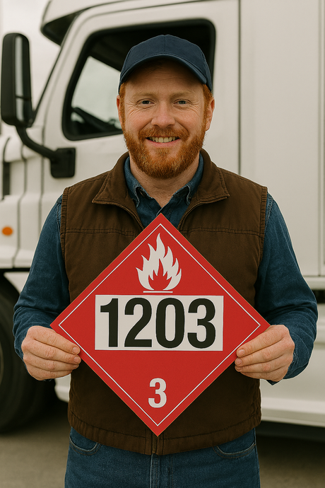 Man holding a hazardous materials sign in front of a truck