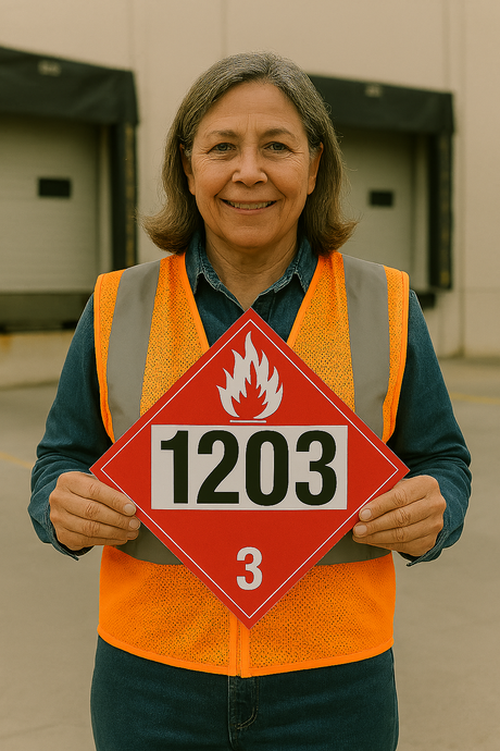 Person wearing an orange safety vest holding a hazardous material sign with the number 1203.