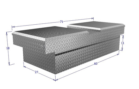 Dimensions of a metal toolbox with measurements labeled