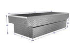 Dimensions of a metal toolbox with measurements labeled for a truck bed or commercial work truck