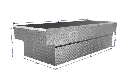 Dimensions of a metal toolbox with measurements labeled for a truck bed or commercial work truck