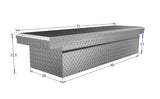 Dimensions of a metal toolbox with measurements in centimeters on a white background