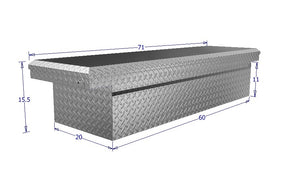 Dimensions of a metal toolbox with measurements in centimeters on a white background