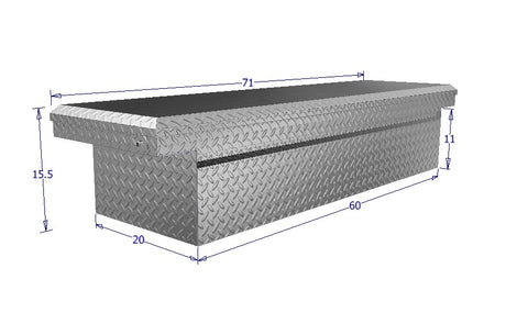Dimensions of a metal toolbox with measurements in centimeters on a white background