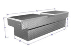 Dimensions of a metallic toolbox with dimensions labeled on a white background