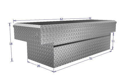 Diamond plate tool box with dimensions labeled on a white background