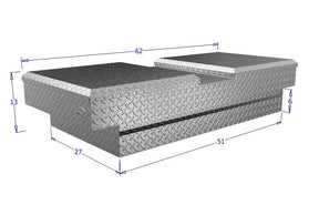 Dimensions of a diamond plate toolbox on a white background for commercial trucks tool box