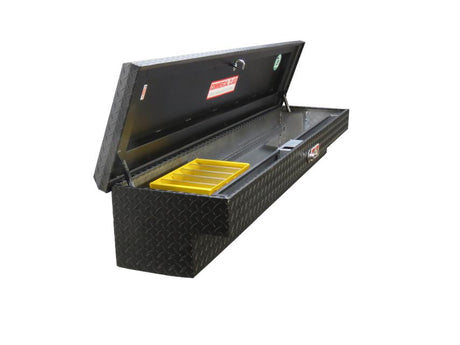 Powder CoatedLosider Tool Box in black from Brute with Lid open showing dividers and locking mechanism