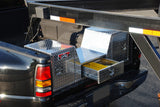 truck with V neck tool box installed in polished aluminum