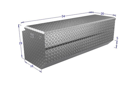 Metal toolbox with dimensions on a white background
