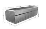 Dimensions of a metallic toolbox on a white background