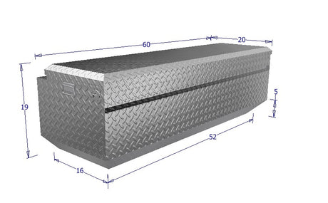 Dimensions of a metallic toolbox on a white background